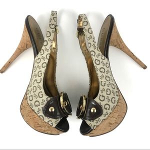 Guess Slingback Open Toe Logo Brown Platform Heels
